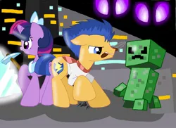 Size: 1048x762 | Tagged: safe, artist:keira-chann, derpibooru import, flash sentry, twilight sparkle, twilight sparkle (alicorn), alicorn, enderman, pony, don't mine at night, backwards cutie mark, creeper, diamond, diamond pickaxe, female, flashlight, floppy ears, frown, glare, grin, hoof hold, male, mare, minecraft, mouth hold, pickaxe, raised hoof, shipping, smiling, straight, sword, weapon