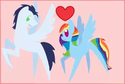 Size: 780x524 | Tagged: safe, artist:aurora456, derpibooru import, rainbow dash, soarin', pony, alternate hairstyle, female, heart, male, pointy ponies, raised leg, shipping, smiling, soarindash, spread wings, straight, wings
