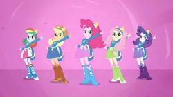 Size: 1280x720 | Tagged: safe, derpibooru import, screencap, applejack, fluttershy, pinkie pie, rainbow dash, rarity, equestria girls, equestria girls (movie), helping twilight win the crown, humane five, pink background, pointing, simple background, wondercolts