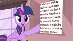 Size: 1280x720 | Tagged: safe, derpibooru import, edit, twilight sparkle, twilight sparkle (alicorn), alicorn, pony, caption, drama, female, image macro, irony, mare, meme, mouthpiece, parody, solo, text