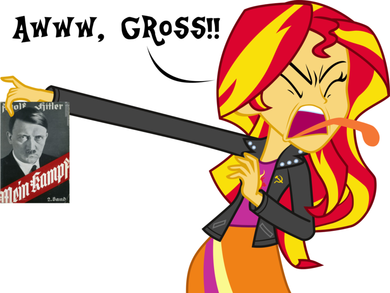 Size: 1355x1019 | Tagged: safe, derpibooru import, sunset shimmer, equestria girls, adolf hitler, anti-fascism, anti-fascist, anti-nazi, anti-nazism, aww gross!, book, communism, disgusted, even evil has standards, exploitable meme, eyes closed, frown, hammer and sickle, here we go again, mein kampf, meme, mouthpiece, nazi, open mouth, politics, simple background, solo, sunset is disgusted, tongue out, white background