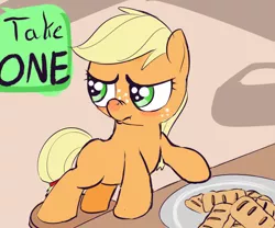 Size: 1024x850 | Tagged: apple fritter (food), applejack, artist:a6p, blushing, cute, derpibooru import, female, filly, food, jackabetes, pouting, safe, scrunchy face, solo, younger