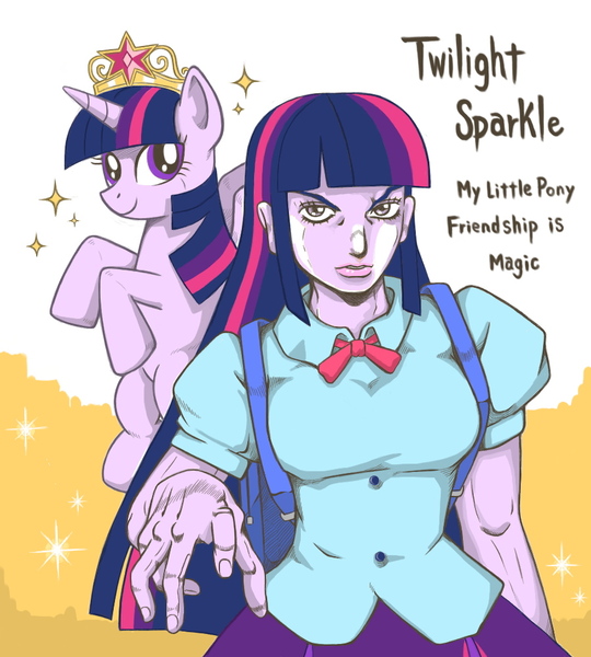 Size: 900x1000 | Tagged: safe, artist:a01, derpibooru import, twilight sparkle, twilight sparkle (alicorn), alicorn, equestria girls, breasts, busty twilight sparkle, female, jojo's bizarre adventure, jolyne kujo, manly, miyuki sawashiro, pixiv, solo, square crossover, stand, stone free, stone ocean, style emulation, voice actor joke