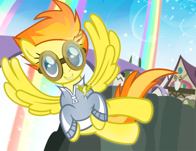 Size: 900x695 | Tagged: safe, artist:pixelkitties, derpibooru import, spitfire, pegasus, pony, rainbow falls, goggles, pixelkitties' brilliant autograph media artwork, solo