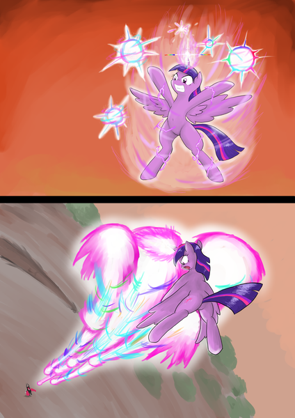 Size: 1500x2121 | Tagged: safe, artist:seidouryu, derpibooru import, lord tirek, twilight sparkle, twilight sparkle (alicorn), alicorn, pony, twilight's kingdom, alicorn magic, belly button, female, fight, magic, mare, super saiyan princess, twilight vs tirek