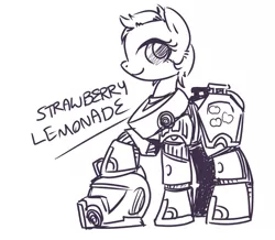 Size: 1007x880 | Tagged: safe, artist:inlucidreverie, derpibooru import, oc, oc:strawberry lemonade, unofficial characters only, earth pony, pony, fallout equestria, fanfic, applejack's rangers, armor, helmet, looking at you, monochrome, power armor, powered exoskeleton, raised hoof, short hair, smiling, solo, steel ranger