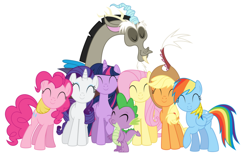 Size: 10000x6420 | Tagged: safe, artist:masem, derpibooru import, applejack, discord, fluttershy, pinkie pie, rainbow dash, rarity, spike, twilight sparkle, twilight sparkle (alicorn), alicorn, pony, twilight's kingdom, .svg available, absurd resolution, female, hug, mane seven, mane six, mare, simple background, transparent background, vector