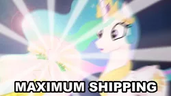 Size: 500x282 | Tagged: safe, derpibooru import, edit, edited screencap, screencap, discord, princess celestia, twilight's kingdom, blurry, bouquet, caption, dislestia, female, flower, image macro, lens flare, male, maximum trolling, meme, reaction image, shipping, solo, straight, text, trolling