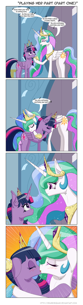 Size: 600x2191 | Tagged: suggestive, artist:deusexequus, derpibooru import, princess celestia, twilight sparkle, twilight sparkle (alicorn), alicorn, pony, twilight's kingdom, blushing, comic, female, french kiss, it's good to be princess, kissing, lesbian, mare, new crown, out of context, parody, scene parody, shipping, singing, twilestia, you'll play your part