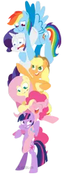 Size: 800x2182 | Tagged: safe, artist:coggler, artist:frog&cog, artist:gopherfrog, derpibooru import, applejack, fluttershy, pinkie pie, rainbow dash, rarity, twilight sparkle, twilight sparkle (alicorn), alicorn, earth pony, pegasus, pony, unicorn, acrophobia, bipedal, cowboy hat, female, hat, mane six, mare, open mouth, pile, pony pile, simple background, tower of pony, transparent background, varying degrees of amusement