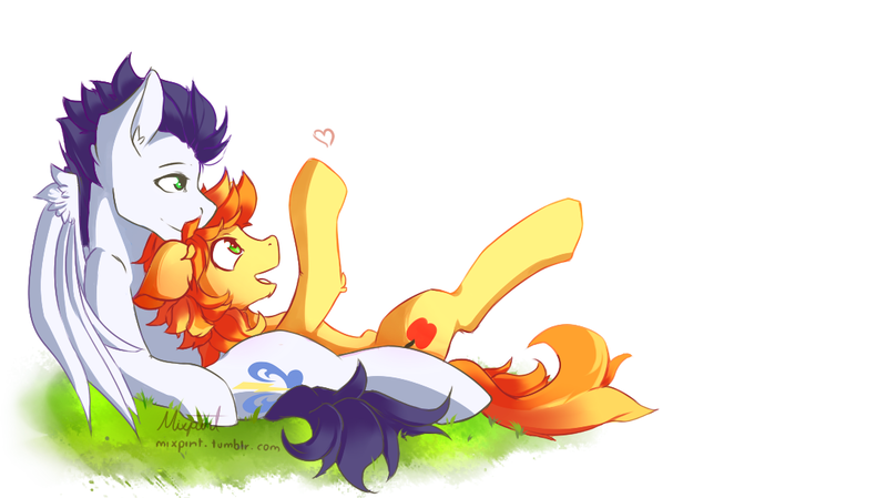 Size: 1091x612 | Tagged: artist:imspainter, braeburn, cuddling, cute, derpibooru import, floppy ears, fluffy, gay, grass, heart, male, on back, open mouth, safe, shipping, smiling, snuggling, soarburn, soarin'