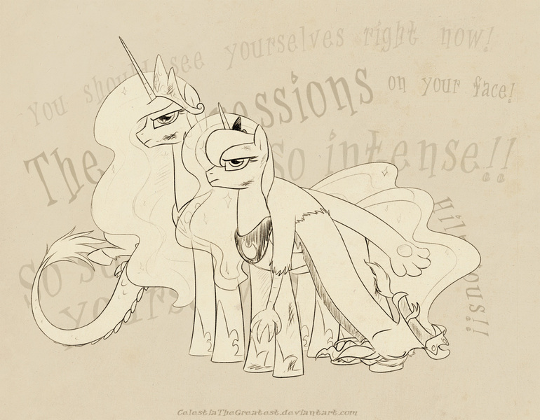 Size: 1200x935 | Tagged: artist:celestiathegreatest, celestia is not amused, derpibooru import, discord, discord being discord, eyes closed, frown, grumpy, injured, laughing, looking at you, luna is not amused, monochrome, open mouth, princess celestia, princess luna, princess twilight sparkle (episode), safe, smiling, this will end in petrification, unamused