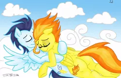 Size: 1024x658 | Tagged: artist:pluckyninja, butt, cloud, cloudy, colored, cuddling, derpibooru import, female, male, old cutie mark, plot, safe, semi-anthro, sexy, shipping, sleeping, snuggling, soarin', soarinfire, spitfire, spread wings, straight, stupid sexy spitfire, wings