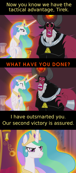 Size: 1280x2882 | Tagged: angry, caption, close-up, comic, confident, derpibooru import, edit, edited screencap, flinch, levitation, lord tirek, magic, princess celestia, safe, scorpan's necklace, screencap, screencap comic, shocked, smug, surprised, telekinesis, text, twilight's kingdom