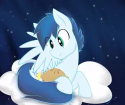 Size: 1024x862 | Tagged: alternate hairstyle, artist:altolovestrings, backwards cutie mark, cargo ship, derpibooru import, food, old cutie mark, pie, safe, shipping, soarin', solo, that pony sure does love pies