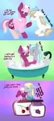 Size: 1553x3459 | Tagged: artist:lucky-jacky, bath, bathtub, bedroom eyes, blue background, bubble, cheerilee, cherry jam, clothes, comic, costume, derpibooru import, eyes closed, female, food, grape jam, green background, hay fever, hearts and hooves day, hearts and hooves day (episode), hugh jelly, jelly, male, nurse, nuzzling, purple background, shipping, simple background, squeaky clean, stockings, straight, suggestive, the perfect stallion, thermometer, thigh highs