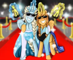 Size: 2255x1867 | Tagged: safe, artist:namygaga, derpibooru import, oc, unofficial characters only, alicorn, pony, alicorn oc, anna, carpet, elsa, frozen (movie), horn, oscars, red carpet, sunglasses, wings