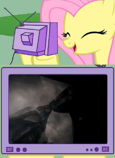 Size: 675x924 | Tagged: derpibooru import, exploitable meme, femuto, fluttershy, godzilla 2014, godzilla (series), hokmuto, kaiju, meme, muto, nuzzling, obligatory pony, safe, spoilers for another series, tv meme