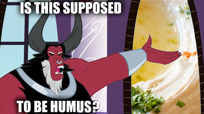 Size: 1280x719 | Tagged: derpibooru import, exploitable meme, hummus, humus, is this supposed to be humorous, lord tirek, meme, pun, safe, twilight's kingdom