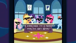 Size: 960x540 | Tagged: safe, derpibooru import, applejack, fluttershy, pinkie pie, rainbow dash, rarity, twilight sparkle, twilight sparkle (alicorn), alicorn, pony, princess twilight sparkle (episode), female, friendship, mare, mystery box of plot importance, sunglasses, the godfather