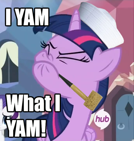 Size: 771x809 | Tagged: safe, derpibooru import, edit, edited screencap, screencap, twilight sparkle, twilight sparkle (alicorn), alicorn, pony, twilight's kingdom, caption, female, hat, hub logo, image macro, mare, meme, pipe, popeye, sailor hat, solo, text