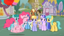 Size: 1365x768 | Tagged: aura (character), balloon, cloud kicker, derpibooru import, dinky hooves, doctor whooves, it's about time, liza doolots, meadow song, minuette, petunia, pinkie pie, safe, sassaflash, screencap, seafoam, sea swirl, spring melody, sprinkle medley, sunshower raindrops, time turner, tootsie flute