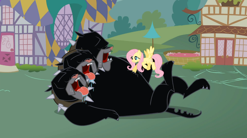 Size: 1365x768 | Tagged: safe, derpibooru import, screencap, cerberus (character), fluttershy, cerberus, dog, pegasus, pony, it's about time, bellyrubs, collar, dog collar, multiple heads, panting, spiked collar, three heads