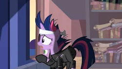 Size: 1365x768 | Tagged: safe, derpibooru import, screencap, twilight sparkle, pony, unicorn, it's about time, alternate hairstyle, book, bookshelf, catsuit, duo, eyepatch, female, future twilight, mare, scar, scroll, unicorn twilight, window