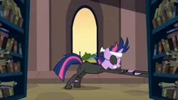 Size: 1365x768 | Tagged: safe, derpibooru import, screencap, twilight sparkle, pony, unicorn, it's about time, alternate hairstyle, book, canterlot library, eyepatch, female, mare, scroll, solo, stretchy arms, unicorn twilight
