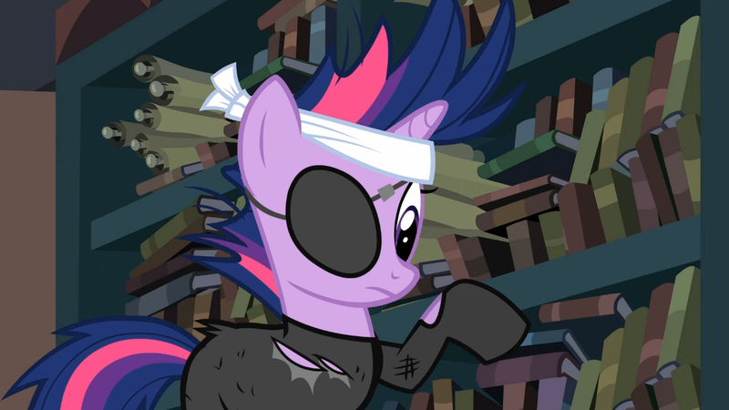 Size: 1365x768 | Tagged: safe, derpibooru import, screencap, twilight sparkle, pony, unicorn, it's about time, book, bookshelf, canterlot library, catsuit, eyepatch, female, mare, scroll, solo, unicorn twilight