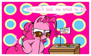 Size: 1808x1116 | Tagged: abstract background, anarchy, artist:mushroomcookiebear, aweeg*, chocolate, derpibooru import, dialogue, food, fuck the police, hooves on hips, messy eating, pinkie pie, safe, solo, speech bubble