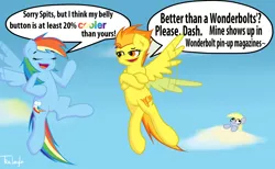 Size: 1538x948 | Tagged: safe, artist:tralalayla, derpibooru import, derpy hooves, rainbow dash, spitfire, pegasus, pony, 20% cooler, :t, belly button, brag, cloud, competition, cutie mark, dialogue, eyes closed, female, flapping, magazine, mare, open mouth, smiling, smug, speech bubble, wings, wonderbolts