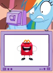 Size: 564x770 | Tagged: derpibooru import, exploitable meme, god is dead, happy, happy (mcdonald's), happy (mcdonalds), happy meal, looking at you, mcdonald's, meme, nightmare fuel, obligatory pony, rainbow dash, safe, staring into your soul, tv meme, what has science done