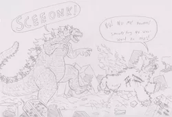 Size: 1500x1025 | Tagged: abuse, artist:santanon, crying, derpibooru import, fluffy pony, fluffy pony grimdark, giant fluffy, godzilla, godzilla (series), grimdark, kaiju, monochrome, smarty friend