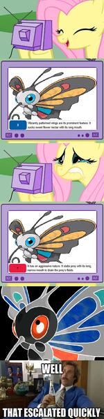 Size: 563x2257 | Tagged: beautifly, creepy, derpibooru import, exploitable meme, fluttershy, meme, obligatory pony, pokedex entry, pokémon, sad, safe, tv meme