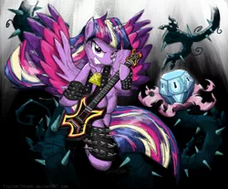 Size: 1210x1000 | Tagged: alicorn, artist:flutterthrash, black vine, bracelet, derpibooru import, flying, glare, gritted teeth, guitar, jewelry, looking at you, metal, musical instrument, mystery box of plot importance, necklace, princess twilight sparkle (episode), rainbow power, safe, semi-anthro, solo, spread wings, twilight's kingdom, twilight sparkle, twilight sparkle (alicorn), wings