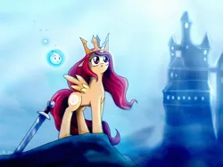 Size: 2627x1974 | Tagged: safe, artist:yula568, derpibooru import, ponified, pony, aurora (child of light), castle, child of light, crown, igniculus, jewelry, regalia, solo, sword, weapon