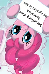 Size: 436x663 | Tagged: derpibooru import, drama, exploitable meme, meme, mouthpiece, parody, pinkie pie, pinkie pie's sign, safe, troll