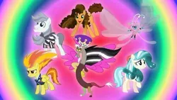 Size: 500x281 | Tagged: artist needed, safe, derpibooru import, cheese sandwich, coco pommel, discord, seabreeze, silver shill, spitfire, breezie, draconequus, earth pony, pegasus, pony, twilight's kingdom, alternate mane six, key six, needs more jpeg, princess discord, rainbow power, rainbow power-ified