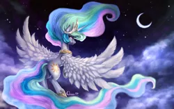 Size: 2200x1382 | Tagged: artist:cizu, cloud, cloudy, crescent moon, crying, derpibooru import, detailed, flying, looking up, moon, night, princess celestia, princess twilight sparkle (episode), sad, safe, sky, solo, spread wings, stars, wings