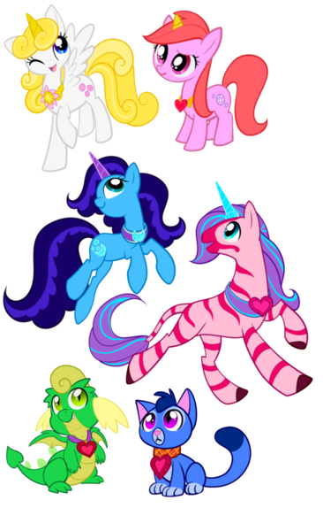 Size: 698x1144 | Tagged: safe, artist:sakuyamon, derpibooru import, ponified, cat, dragon, hybrid, pegasus, pony, unicorn, zebra, zebroid, chloe (jewel riders), moondance (jewel riders), shadowsong (jewel riders), simple background, spike (jewel riders), sugar (jewel riders), transparent background