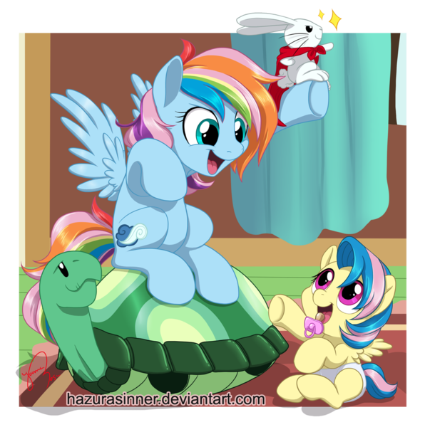 Size: 968x974 | Tagged: safe, artist:hazurasinner, derpibooru import, angel bunny, tank, oc, oc:harmony (hazurasinner), oc:windy belle, pegasus, pony, baby, baby pony, cape, clothes, cute, diaper, female, foal, magical lesbian spawn, offspring, open mouth, pacifier, parent:fluttershy, parent:rainbow dash, parents:flutterdash, pointing, siblings, sisters, sitting, smiling, spread wings, wings