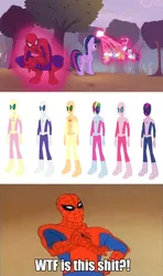 Size: 853x1440 | Tagged: safe, derpibooru import, edit, edited screencap, screencap, applejack, fluttershy, pinkie pie, rainbow dash, rarity, twilight sparkle, twilight sparkle (alicorn), alicorn, pony, it ain't easy being breezies, 60s spider-man, female, mane six, mare, meme, pony to human, spider-man, transformation, vulgar