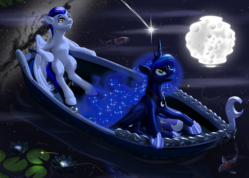 Size: 4200x3000 | Tagged: artist:mykegreywolf, boat, derpibooru import, fish, flower, full moon, koi, lake, lilypad, lotus (flower), moon, night, oc, princess luna, safe, smiling, stars, water