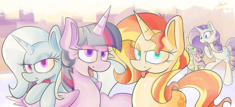 Size: 1500x680 | Tagged: safe, artist:miroslav46, derpibooru import, rarity, spike, sunset shimmer, trixie, twilight sparkle, twilight sparkle (alicorn), alicorn, pony, unicorn, counterparts, duckface, magical trio, twilight's counterparts