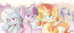 Size: 1500x680 | Tagged: safe, artist:miroslav46, derpibooru import, rarity, spike, sunset shimmer, trixie, twilight sparkle, twilight sparkle (alicorn), alicorn, pony, unicorn, counterparts, duckface, magical trio, twilight's counterparts