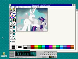 Size: 800x600 | Tagged: safe, derpibooru import, princess celestia, twilight sparkle, unicorn, magical mystery cure, celestia's ballad, limited palette, microsoft, ms paint, paintbrush, princess celestia's special princess making dimension, unicorn twilight, windows, windows 3.1, youtube link