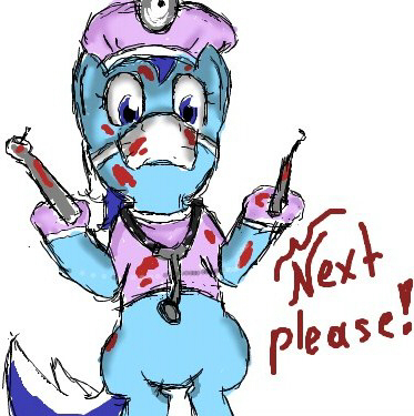 Size: 373x375 | Tagged: semi-grimdark, artist:osakaoji, derpibooru import, minuette, pony, bipedal, blood, clothes, dentist, head mirror, hoof hold, insanity, looking at you, scrubs (gear), solo, stethoscope