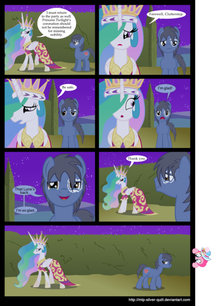 Size: 2000x2853 | Tagged: artist:mlp-silver-quill, breaking the fourth wall, comic, comic:a princess' tears, derpibooru import, fourth wall, oc, oc:clutterstep, pinkie pie, princess celestia, safe