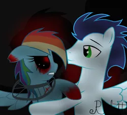 Size: 1024x931 | Tagged: grimdark, artist:rulette, derpibooru import, rainbow dash, soarin', amnesia the dark descent, blood, female, male, monster, shipping, soarindash, straight